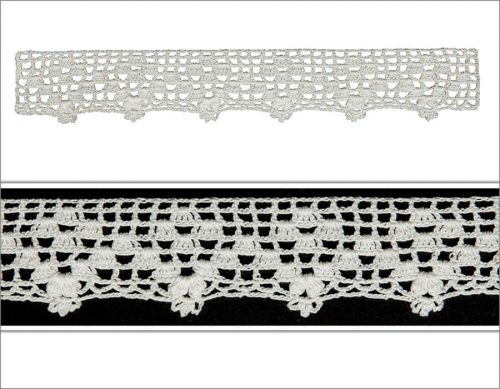 The lace is crocheted as nine rows. Edging lace is crocheted with double crochet generally, and to create the lappeted part single crochet is used for embellishment.
