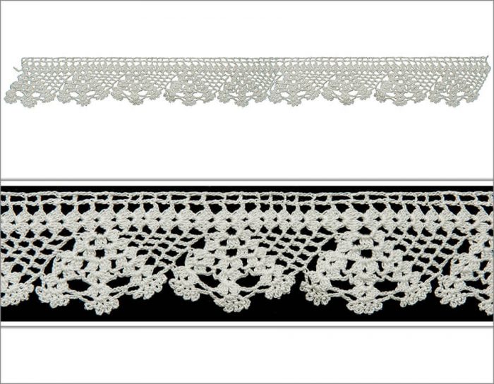 The model is crocheted as nine rows. Generally single crochet and triple clothed techniques is used. In the edge of the lace single crochet is used.