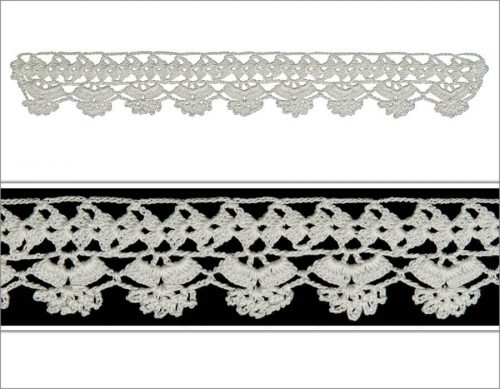 The model is crocheted as 5 rows. Chain stitches and treble crochet are used. There are two distinctive motifs. The top part and the below seemingly motifs are designed.