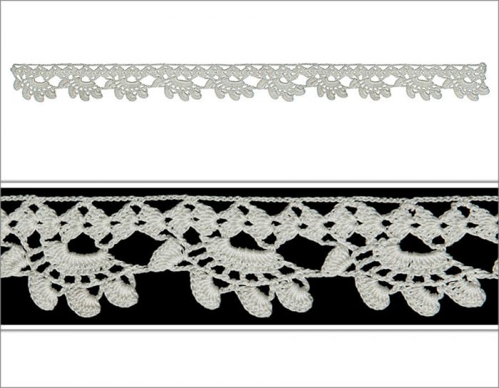 The model is crocheted as five rows. Chain stitches, single and triple crochet and filling techniques are used.