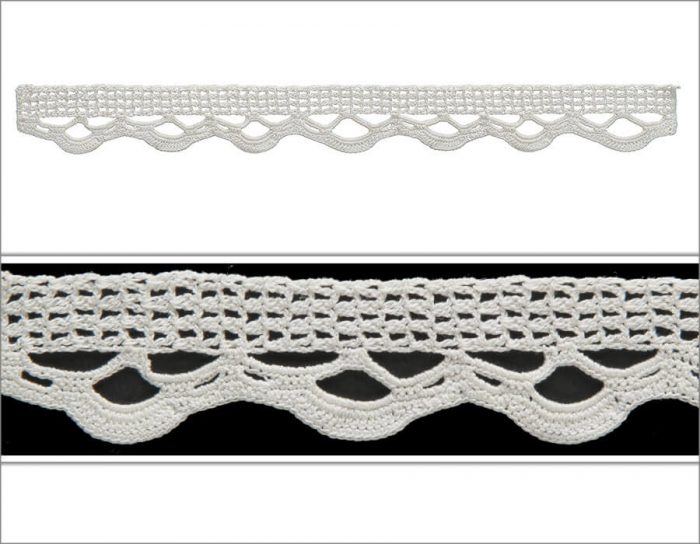 The model is crocheted as wavy strip with four double crochet technique. The bottom part is designed as chain stiches to crate a way look.