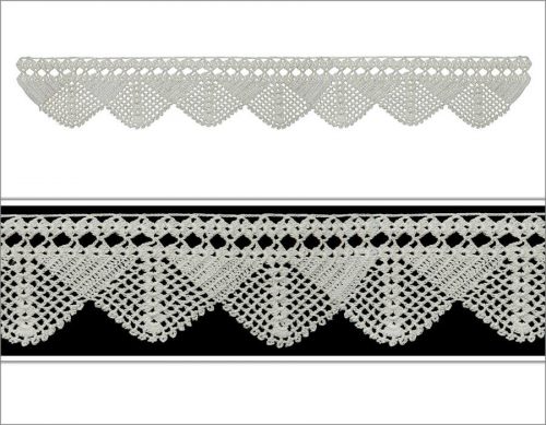 On the top of the lace anther shape is crocheted. The lappeted bottom part is made with tight filled triangles. And in between triangle decorative motifs are crocheted like net.