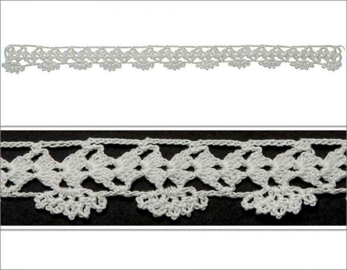 The middle part is crocheted with the chain stitch as an anther motif. One the one side, there is an equal number of chain stitches that creates a straight line and on the other side it is ornamented with the clover motifs.