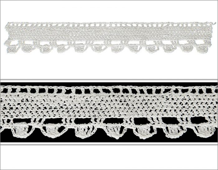 The tape shape is created with the many single crochet techniques on the top part. On the bottom part with the wide spaces spacious look is intended.