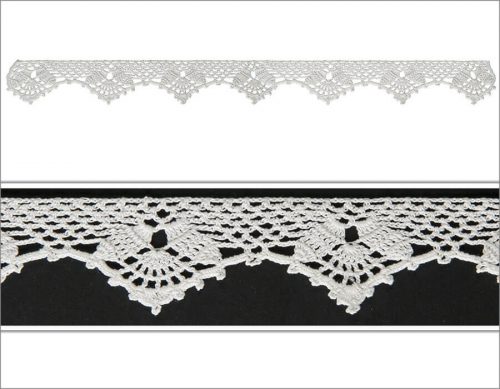 On the very top of the model, by the single crochet asymmetrical v shaped decorative motifs are designed. The bottom part is designed as the reverse fan shape.