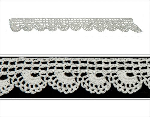 Two rows of the laze is crocheted on top of each other by creating rectangle spaces. For the five rows lace, fan shape is made by many chain stitches.