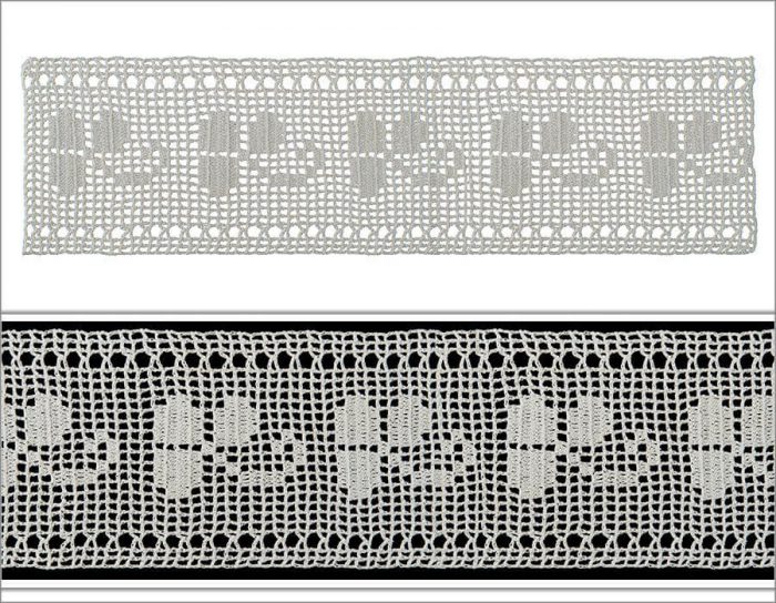 For the both sides, an edge contour is made with the single crochet technique. In the middle part, clover motif is designed.