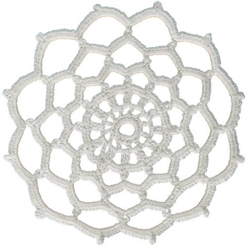 The model is crocheted as round. The decorative spaces that start in the middle of the model asymmetrically grow wave by wave through the edge. At the edge of the model, in the middle part of every bump one tiny clover is crocheted.