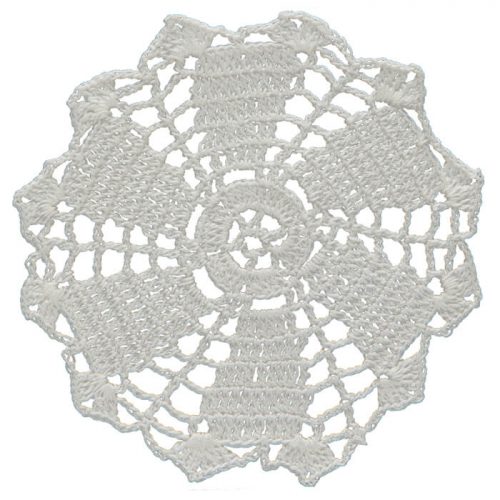A circle ornament is crated in the middle part of the model. Six large leaves alike motifs are crocheted. The edge of hexagon edged model is ornamented with clovers.