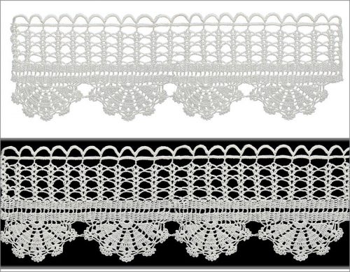 The model is crocheted as 4 rows. On the top part with a single crochet technique a flat surface is created and on the top of this flat line an ornament made of large slices is made. On the part below, three rows that are like lily is crocheted. On the last part a decorative crochets as the half circle that has triangle shapes inside is designed.