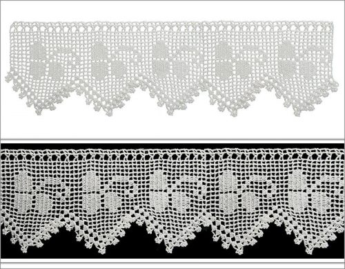 In the middle of the model where single crochets technique is used mainly, the clove motifs are crocheted. The edge of the model has v shaped decorative filling and the tips is ornamented with clover motifs.