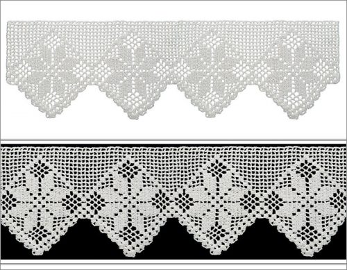 Preferred to create a higher height crotchet, single crochet technique is often used in this design. In the middle part of the design, asymmetrical star motifs that are looking to each other are created. The edge of the lace is designed as a "v" shape and the tips of it have clover motifs.