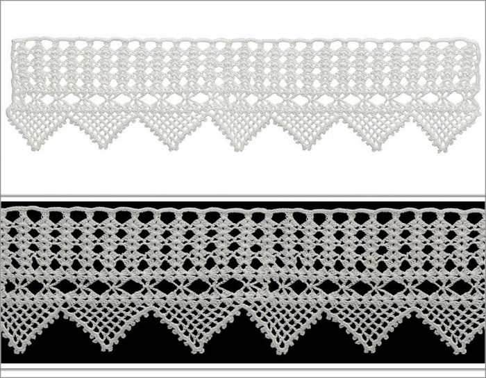 With single crochet the first row of the lace is designed as a tape. Anther like motifs creates the middle part in s symmetrical way. the tips of the lace is designed as loosely woven sparse rectangle motifs.