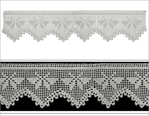 The model is designed as 3 parts and the first row is single crocheted. On the middle part butterfly motifs is created with crocheted techniques. The tips of the crochets is ornamented with decorative clovers.