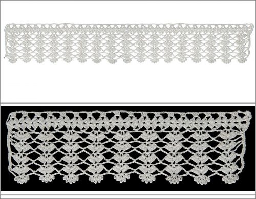 The model for which mostly symmetrical motifs are chosen is crocheted as seven rows. The motifs like anthers are horizontally on the top part and for the bottom part they are designed vertically.