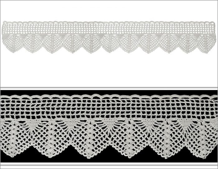The top part of the model is single crocheted as a single wavy single row. The second part is made with the symmetrical squares on top of each other. The third row is created like the spider web. The last bottom part is single crocheted as triangle motifs.