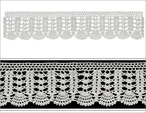 The model is crocheted as three parts that have different motif designs. On the first part with single crochets and asymmetrical squares a bant is created. In the middle symmetrical design is created with anther and angle wings motifs. On the last part from top to bottom a fan shape crochet is created.
