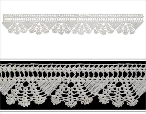 It is crocheted as 2 distinct rows. The top part is crocheted as anther motif in a symmetrical pattern. At the bottom part, the swing motifs which are getting wider from the top to the base are designed.