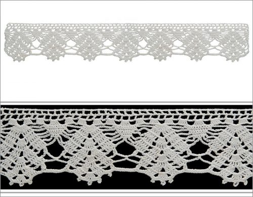 The very top of the model, single crochet is used. The bottom part is designed as a pine tree and in the middle part terse are webs connecting these motifs.
