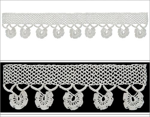 The model is crocheted as 3 rows. The top part is crocheted wit the single crochet. The middle part is crocheted as a wavy ribbon. The bottom part is designed as daisy motifs.