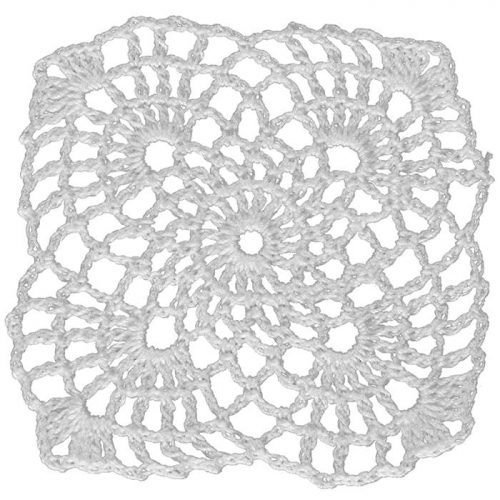 The model is crocheted as circle. The little motif that are crocheted as circle in the middle turn into a square and fan shapes through the edge. The corner tips is ornamented with the anther alike motifs.