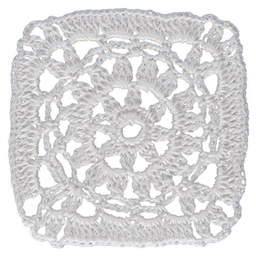 The middle part is crochet as circle. The circle shape is turned into a square by emphasizing the four corners.
