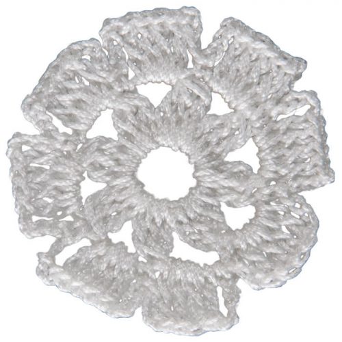 The model is crocheted as circle shape. In the center, a flower consisting of eight leaves is designed. To create he edge blunt shaped tips are created.