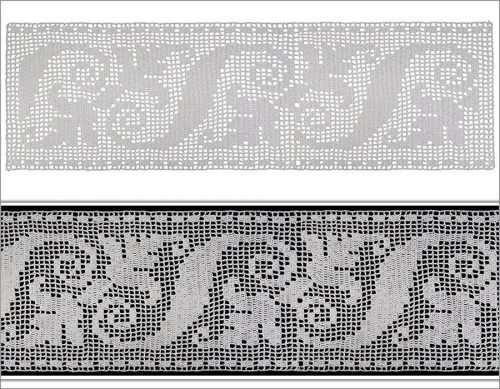 On the edge of the crochet, empty and filled squares side by side are designed as bant. In the middle, asymmetrical decorative motifs and symmetrical lily  motifs are made. 