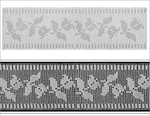The opposite edge borders are crocheted as a bant. In the middle, tulip motifs are crocheted asymmetrical in succession. 