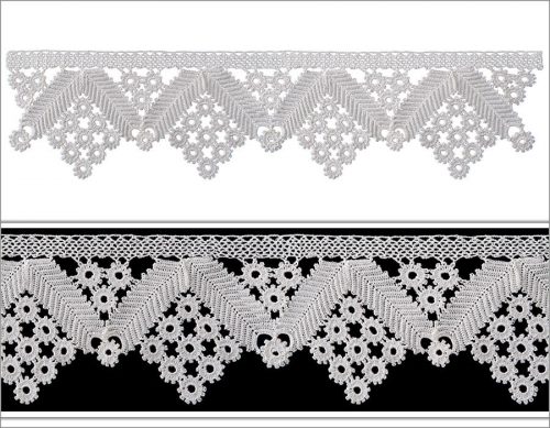 The crochet is designed with three different techniques. The top part is designed with single crochet as a bant asymmetrical. With single crochet, the long leaves with zig zag look are crocheted. The empty spots are ornamented with round motifs.