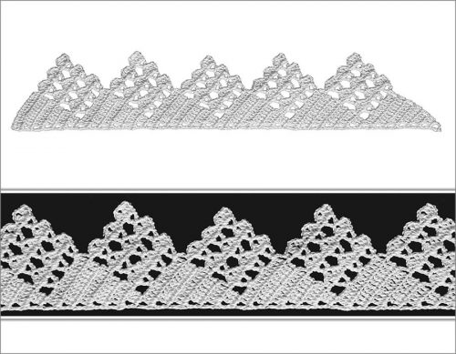 In this model two different motifs are designed. At the bottom pyramid filling motifs are crocheted. At the top diamond shape motifs creates a loose crochet fillings.