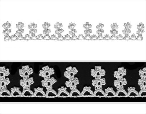 At the edge of the model a flower motif is crocheted and one top of the motif another motif is created. At the bottom part, wavy decorative embellishments are crocheted  