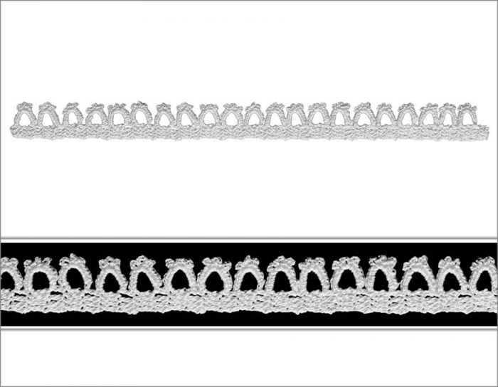 The model is crocheted as a straight line that consists of fillings. For the second row, tiny crowns side by side as embellishments are crocheted.