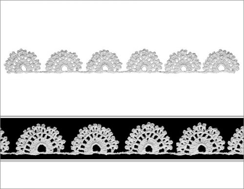 Clove model is the leitmotif in this edging work. Frill shapes on the edges of the clove are crocheted.