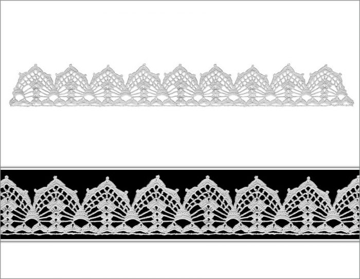 The model is designed as seven rows. On the top of the base crocheted a a line, vertical anthers are designed. Over the vertical embellishments, lattice crown is crocheted.