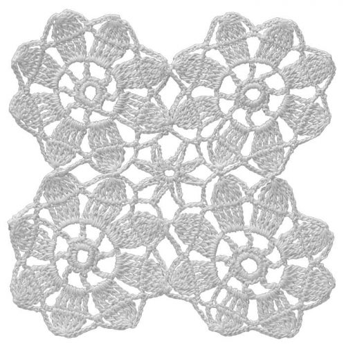 The group model consists of 4 single motif crochet. Every motif has a wheel motif inside the model also in the central part of the 4 motifs. Around the central area of every 4 single motif crochet , 8 pointy slice motifs are crocheted.