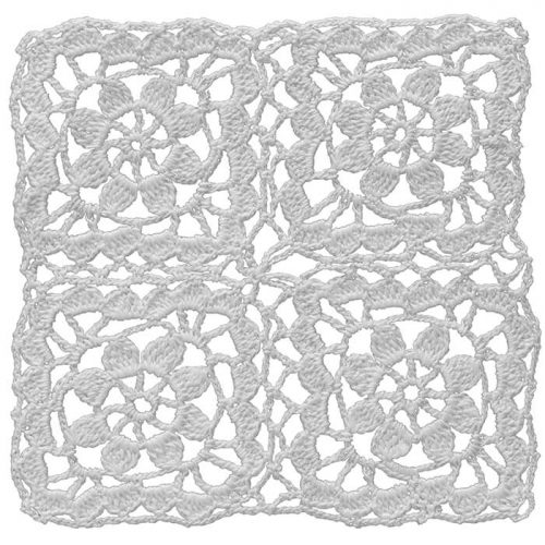 The group motif crochet consists of 4 single motif crochets. 4 single motifs create a square group motif. In the central part of every single motif , there is a flower with 8 leaves. For every corner of the single model, a dome motif is created.