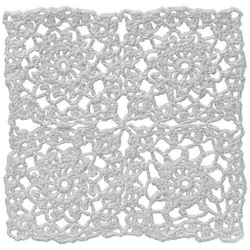 The group motif crochet consists of 4 single motif crochets whose central parts have the round shape with wavy edges. The corners of individual single crochets are rounded.