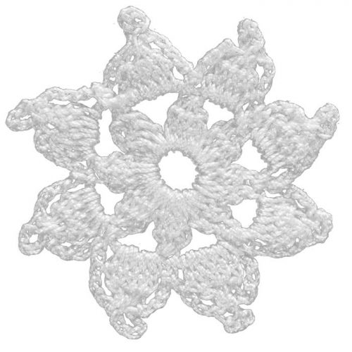 Feverfew model is crocheted as a star shape. Eight leaves are designed and the clovers are crocheted at the tips.