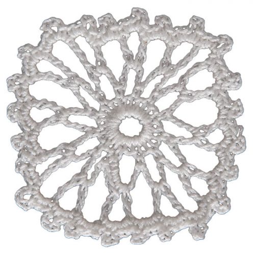 The centeral part is crocheted as a round form. With long chain stiched around the middle, the form is turned into a square.