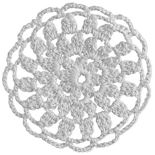 The model is crocheted as a round model. Thin lobed edges are crocheted around the model.