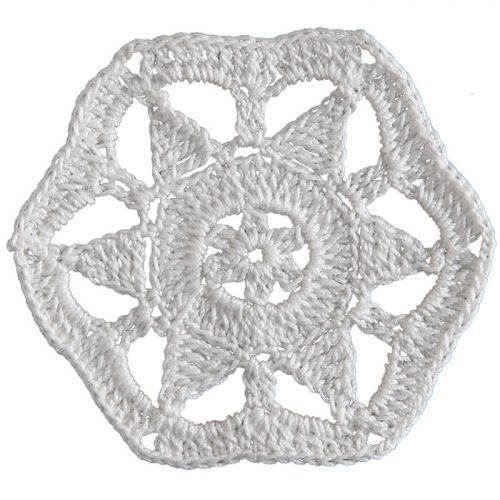 In the middle, a star that has seven pointy tips is designed and a thick stroke is created for the edges. The model is crocheted as a hexagonal shape.