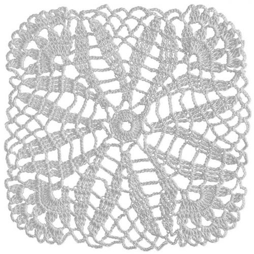 The model is crocheted as square. From the middle part to the edges, a flower with long eight thin leaves are crocheted. For the round corners, half fan motifs are crocheted.