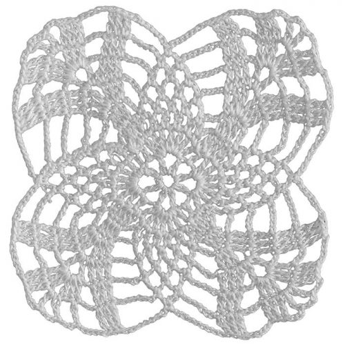 With intersecting small and bigger leaves model is crocheted as square shape. Intersecting leaves creates different motifs for the corners.