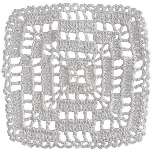 A square shape single motif is crocheted with a curved edge style. Asymmetrical fillings is created inside the motif.