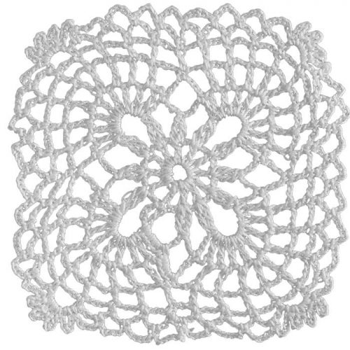 In the center of the model a flower with 4 leaves is designed. The corners are rounded and the model is crocheted as square.