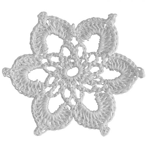 The model is crocheted as a star shape. It has 6 sharp pointy edges.