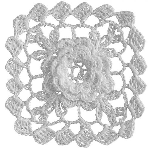 For the central part of the model, 3 layared flower motifs are crocheted to create 3D look. Between the edge and the central part, loose crochet is designed and the edges are crocheted as slices.
