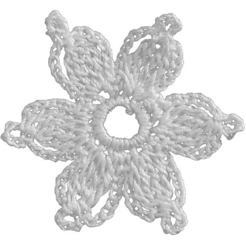 The model is crocheted as 6 leaves star shape. In the middle of the crochet a hoop shape is crocheted. The tips of the leaves are decorated with tiny vervains.