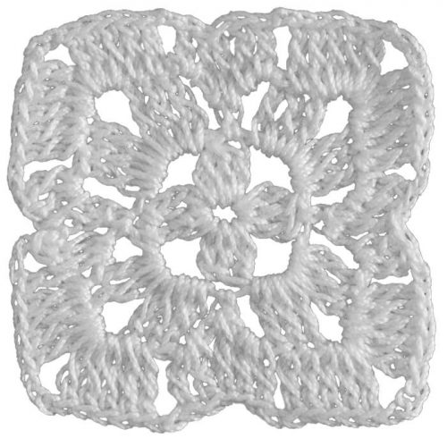 In the middle of the model, a flower with 4 leaves is crocheted. The model is created as a square with pointed corners.